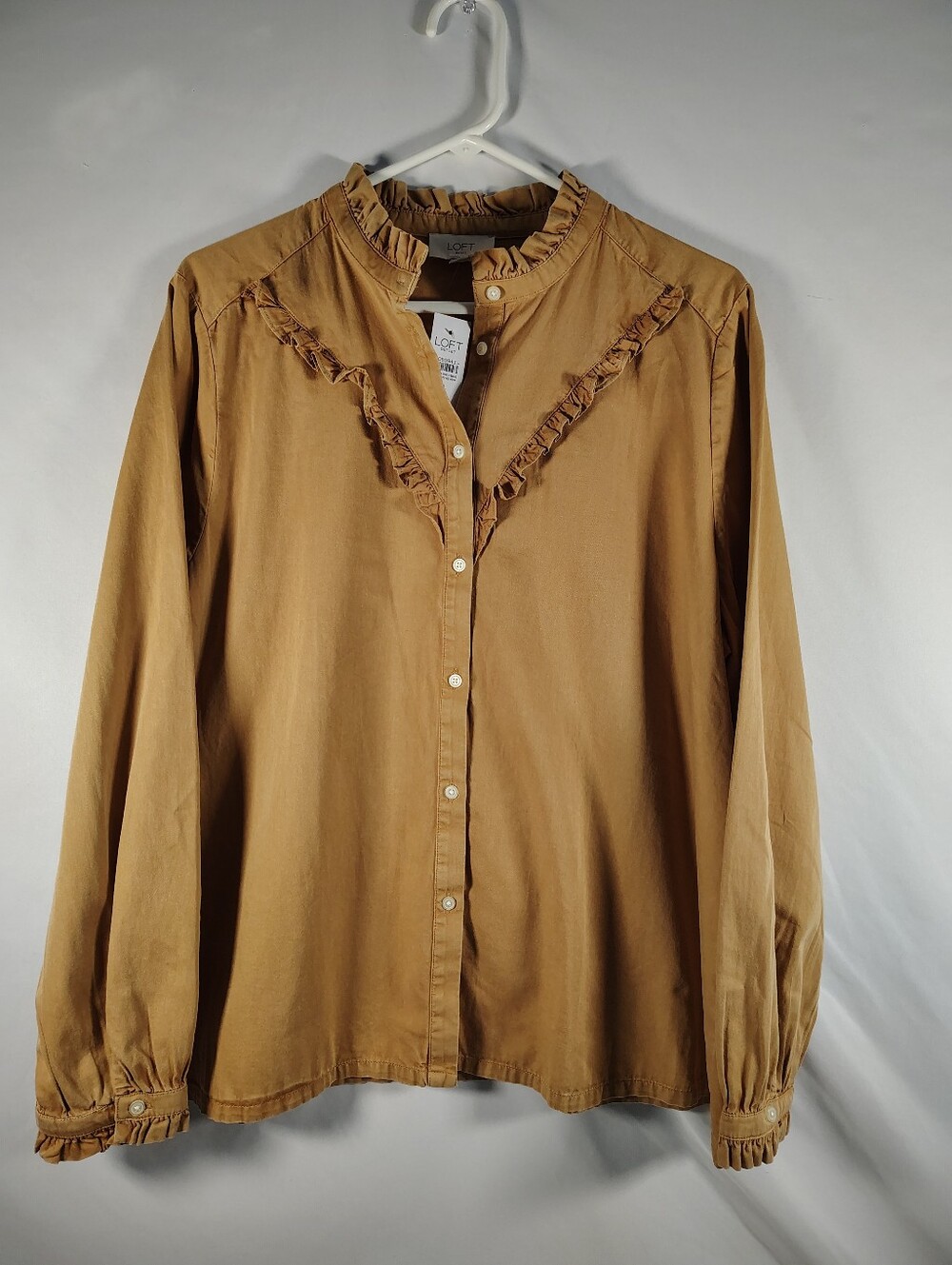 LOFT Ruffle-Trim Button-Front Blouse - Camel Women's XL